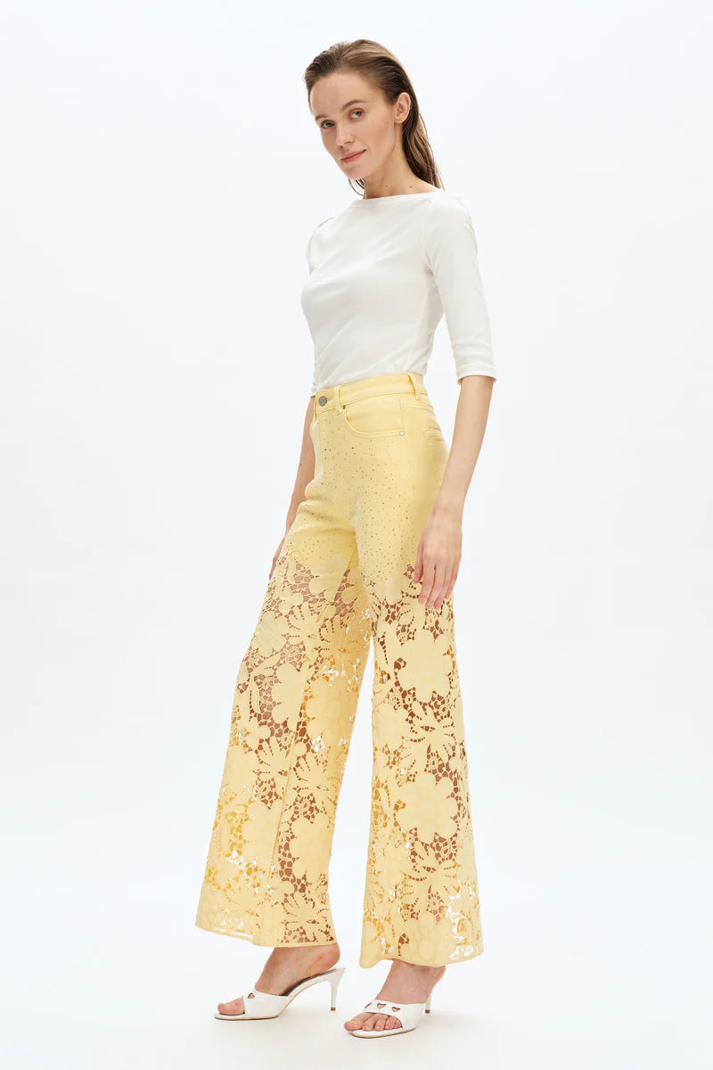 Butter yellow Wide leg jeans, floral lace denim, rhinestone jeans, high rise wide leg, pastel yellow jeans, pink lace jeans, statement denim, women’s high stretch jeans. at ooh la la! in Grapevine TX 76051