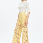 Butter yellow Wide leg jeans, floral lace denim, rhinestone jeans, high rise wide leg, pastel yellow jeans, pink lace jeans, statement denim, women’s high stretch jeans. at ooh la la! in Grapevine TX 76051
