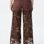 High Rise Embroidered Lace Wide Leg Jeans with Rhinestones in Chocolate Brown at ooh la la! in Grapevine TX 76051