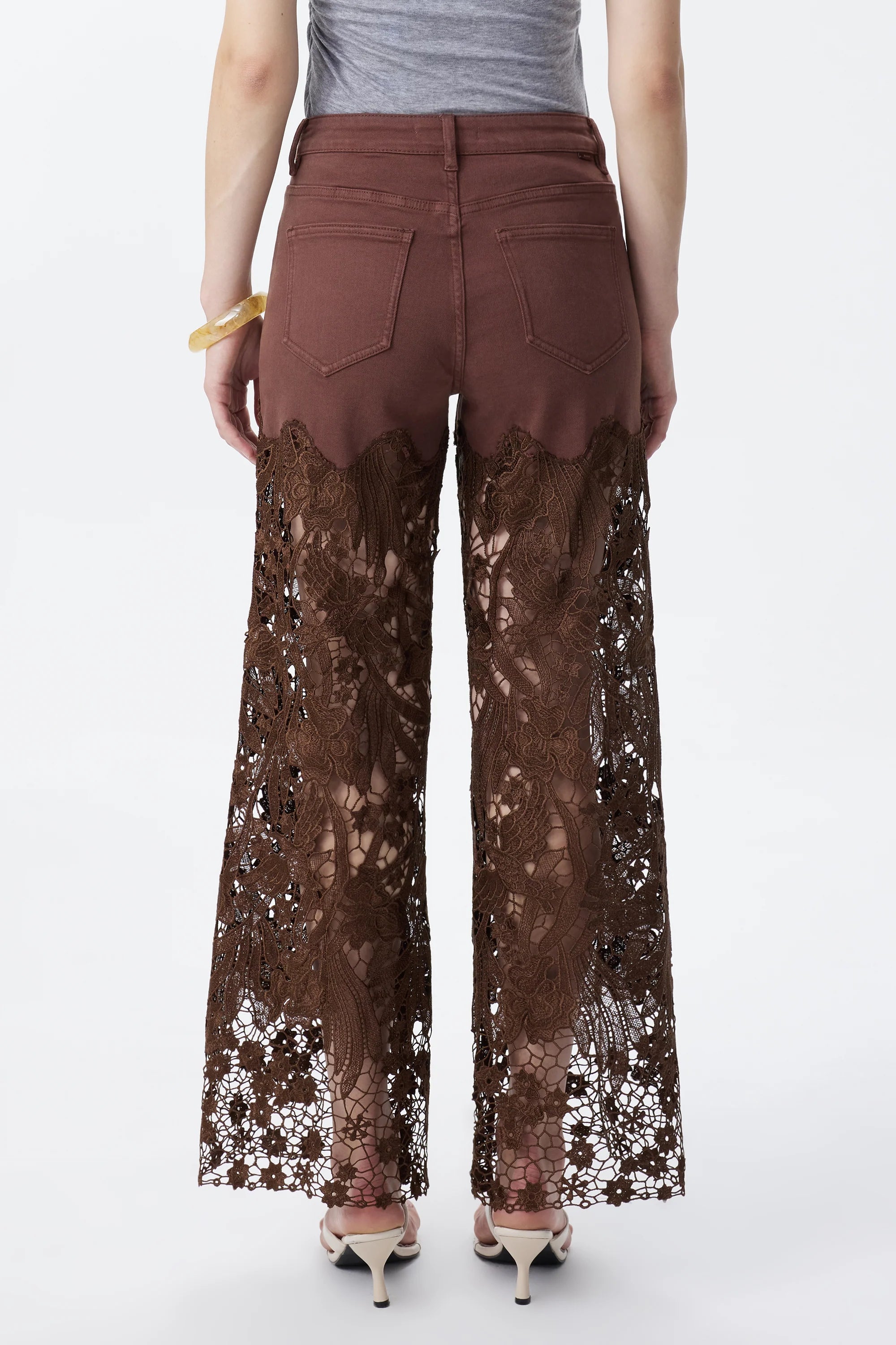 High Rise Embroidered Lace Wide Leg Jeans with Rhinestones in Chocolate Brown at ooh la la! in Grapevine TX 76051