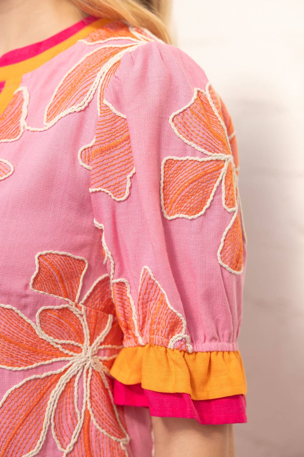 Embroidered floral dress, pink shift dress, summer vacation outfit, boutique floral dress, oversized embroidery, puff sleeve summer dress, resort wear for women, designer style shift dress. at ooh la la! in Grapevine TX 76051