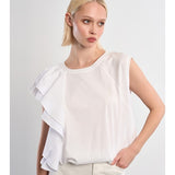 White Asymmetrical top, ruffle crop top, sporty chic shirt, women's statement top, oversized cropped tee, streetwear fashion, architectural ruffle blouse.
at ooh la la! in Grapevine TX 76051