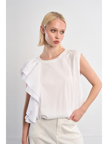 White Asymmetrical top, ruffle crop top, sporty chic shirt, women's statement top, oversized cropped tee, streetwear fashion, architectural ruffle blouse.
at ooh la la! in Grapevine TX 76051