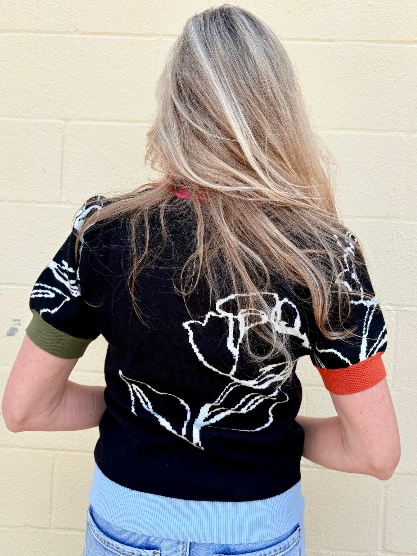 Color Blocked Band Floral Knit Top in black at ooh la la! in Grapevine TX 76051