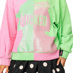 Wicked X Queen of Sparkles Green & Pink Colorblock Character Profile 'Wicked' Sweatshirt at ooh la la! in Grapevine TX 76051