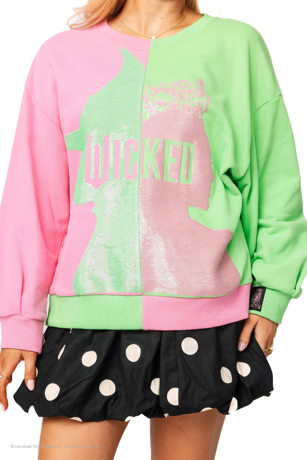 *FINAL SALE* Wicked X Queen of Sparkles Green & Pink Colorblock Character Profile 'Wicked' Sweatshirt