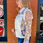 Denim Jacket with Floral Appliqué on Mesh in white at ooh la la! in Grapevine TX 76051