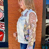 Denim Jacket with Floral Appliqué on Mesh in white at ooh la la! in Grapevine TX 76051