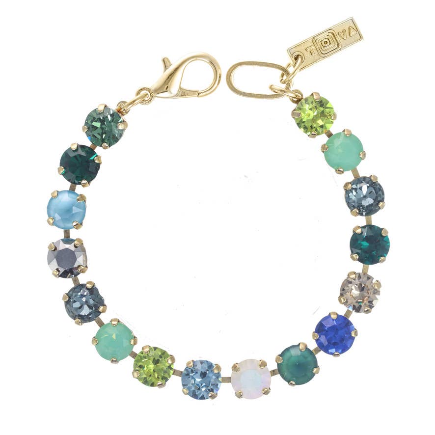 Blue/Green TOVA Izzy Bracelet, Swarovski Crystal Bracelet, Designer Tennis Bracelet, Antique Gold Jewelry, Silver Plated Bracelet, Multi-color Crystal Jewelry, Handcrafted Women's Bracelet, Luxury Gift for Her. at ooh la la! in Grapevine TX 76051