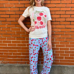 cherry pajamas, soft lounge pants, women's pajama bottoms, rayon spandex pjs, blue cherry print, drawstring sleepwear, gift for her, cute loungewear
at ooh la la in Grapevine TX 76051