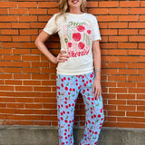cherry pajamas, soft lounge pants, women's pajama bottoms, rayon spandex pjs, blue cherry print, drawstring sleepwear, gift for her, cute loungewear
at ooh la la in Grapevine TX 76051