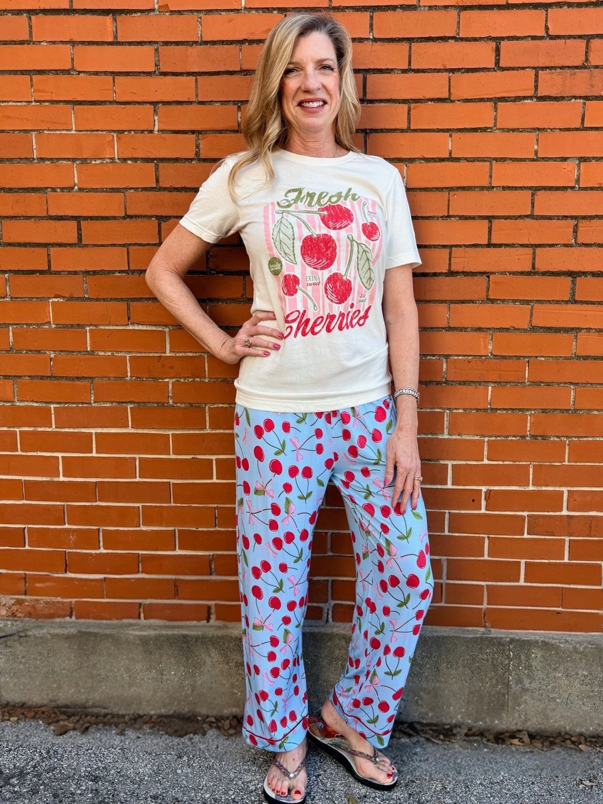 cherry pajamas, soft lounge pants, women's pajama bottoms, rayon spandex pjs, blue cherry print, drawstring sleepwear, gift for her, cute loungewear
at ooh la la in Grapevine TX 76051