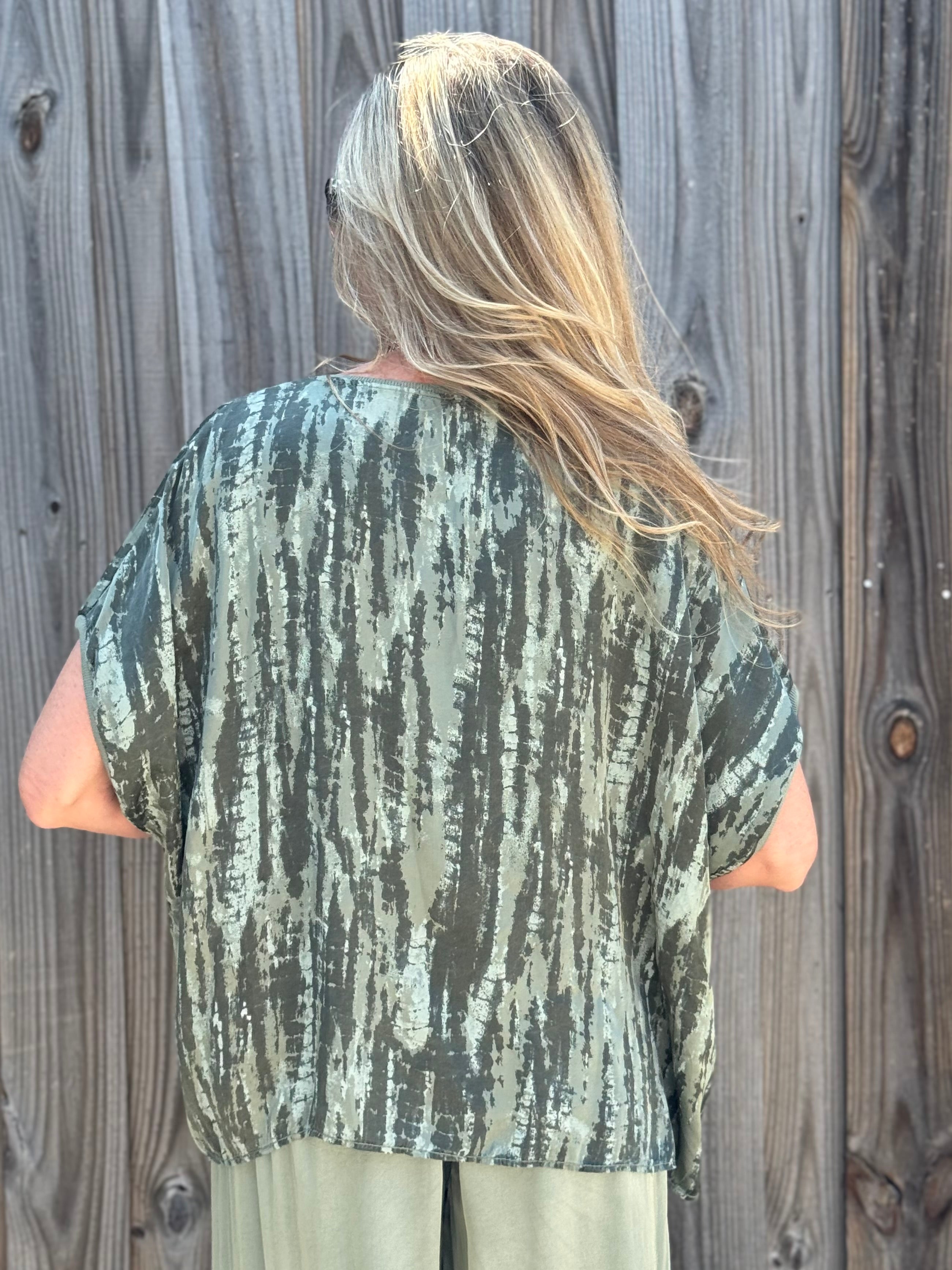 Made in Italy Satin Printed Pullover Blouse in Olive at ooh la la! in Grapevine TX 76051