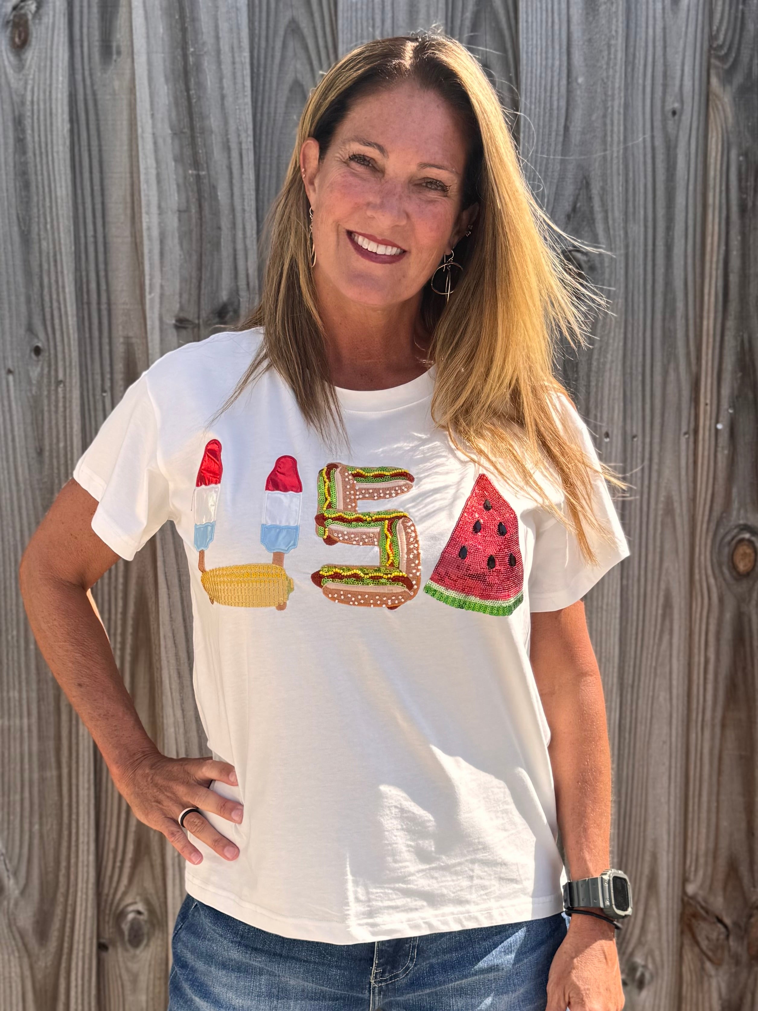 USA icon tee, patriotic shirt, Queen of Sparkles, women fashion, white t-shirt, American apparel at ooh la la! in Grapevine TX 76051
