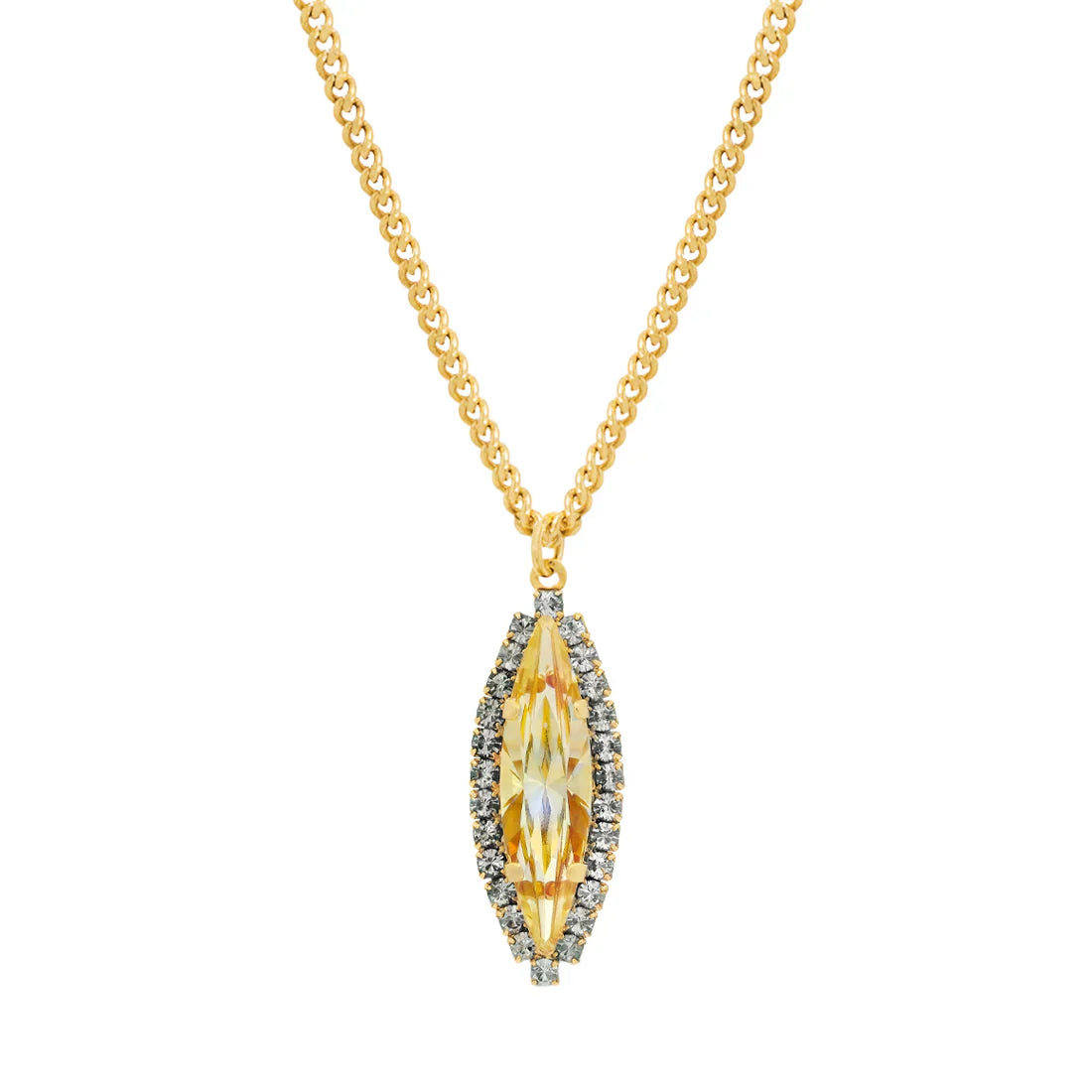 TOVA Alyssa Necklace featuring marquise-cut ultra canary crystal pendant on gold chain at ooh la la! in Grapevine TX 76051