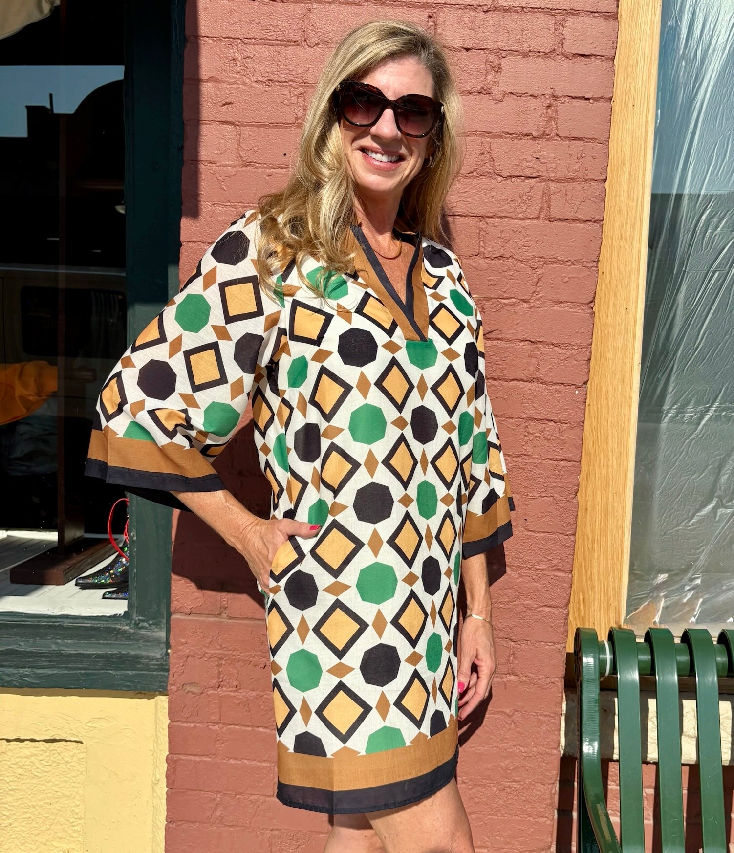 Jade by Melody Tam Split Neck Bell Sleeve Caftan Dress at ooh la la! in Grapevine TX 76051