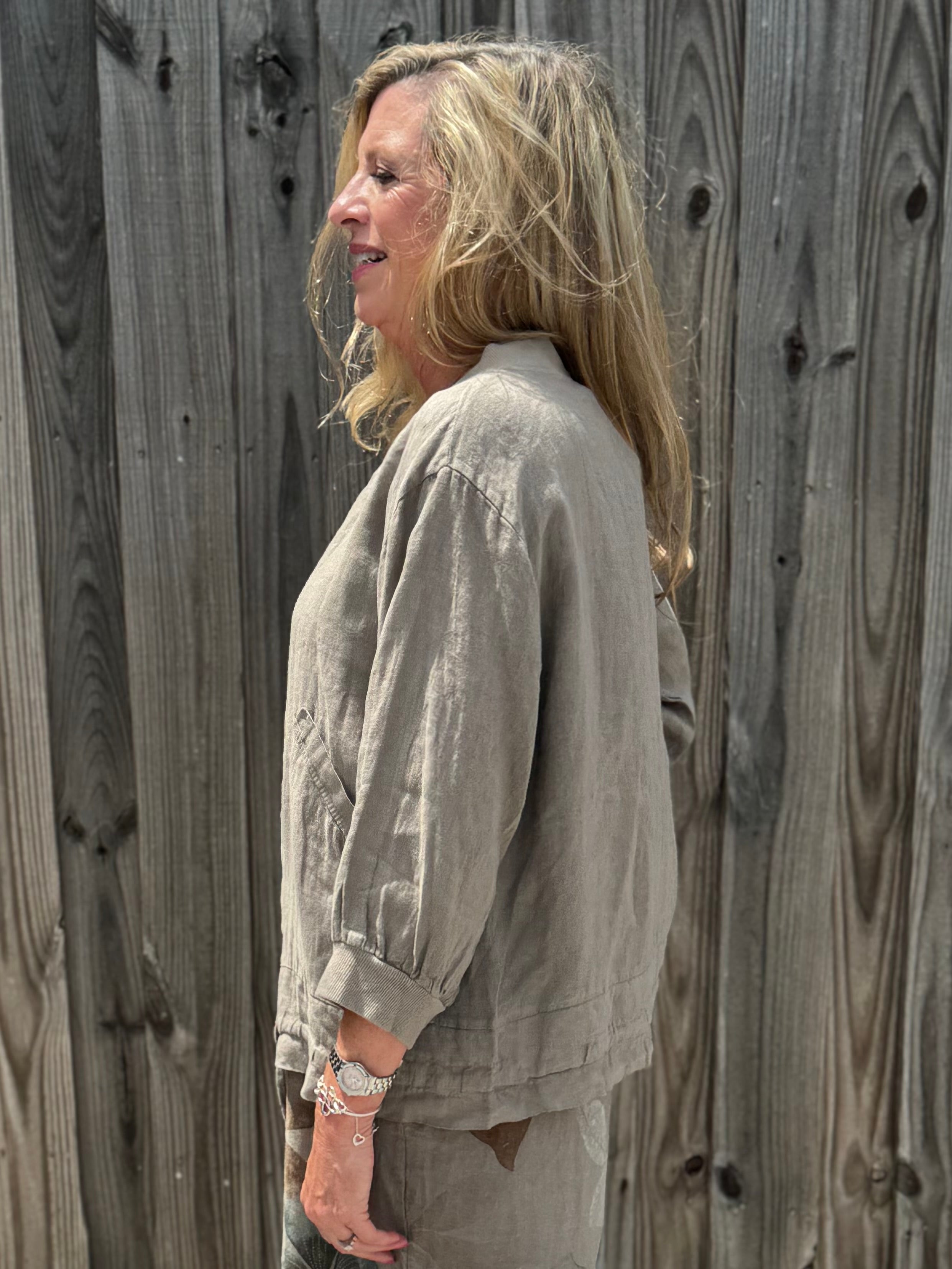 Linen Bomber Jacket in taupe at ooh la la! in Grapevine TX 76051