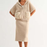 Joh Simone Knitted Plush Jacket in mocha with quilted pockets worn over matching midi skirt
