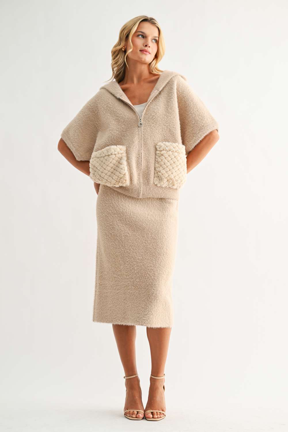 Joh Simone Knitted Plush Jacket in mocha with quilted pockets worn over matching midi skirt