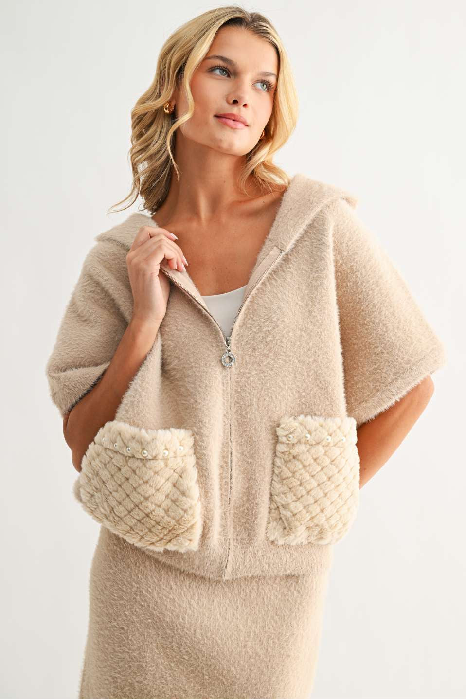 Joh Simone Knitted Plush Jacket in mocha with cream quilted pockets and zipper front