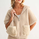 Joh Simone Knitted Plush Jacket in mocha with cream quilted pockets and zipper front