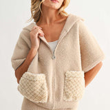 Joh Simone Knitted Plush Jacket in mocha with cream quilted pockets and zipper front