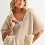 Joh Simone Knitted Plush Jacket in mocha with faux fur pockets and zip closure