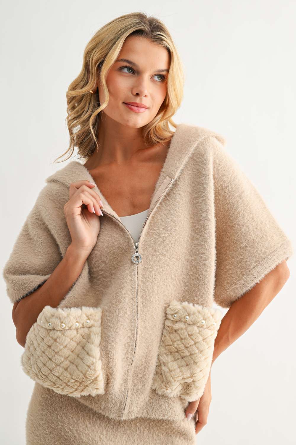 Joh Simone Knitted Plush Jacket in mocha with faux fur pockets and zip closure