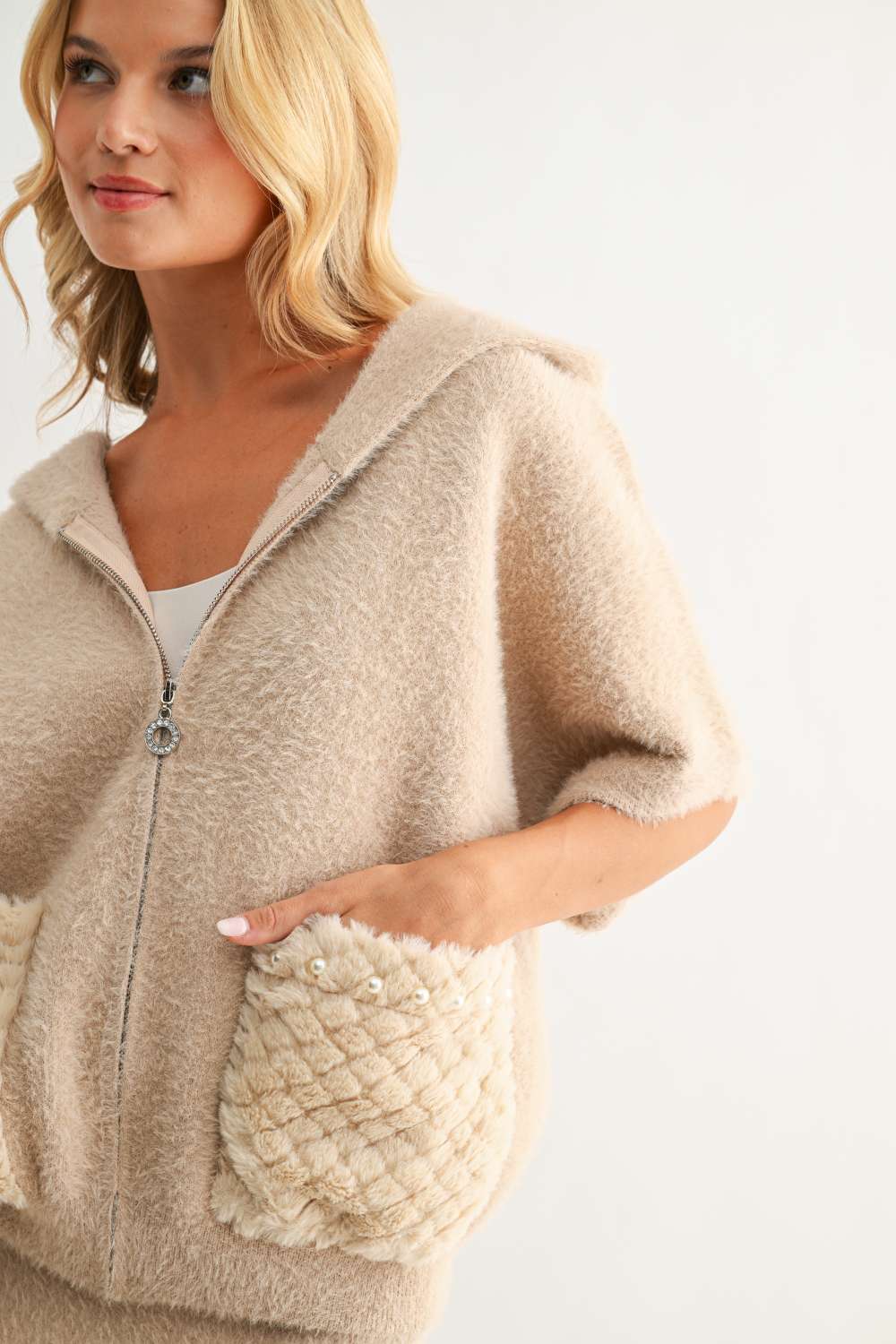 Joh Simone Knitted Plush Jacket in Mocha with decorative faux fur pockets and zip closure