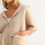 Joh Simone Knitted Plush Jacket in Mocha with decorative faux fur pockets and zip closure