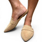 Corky's Mischief Pointed Toe Studded Flat Mule - Camel Faux Suede