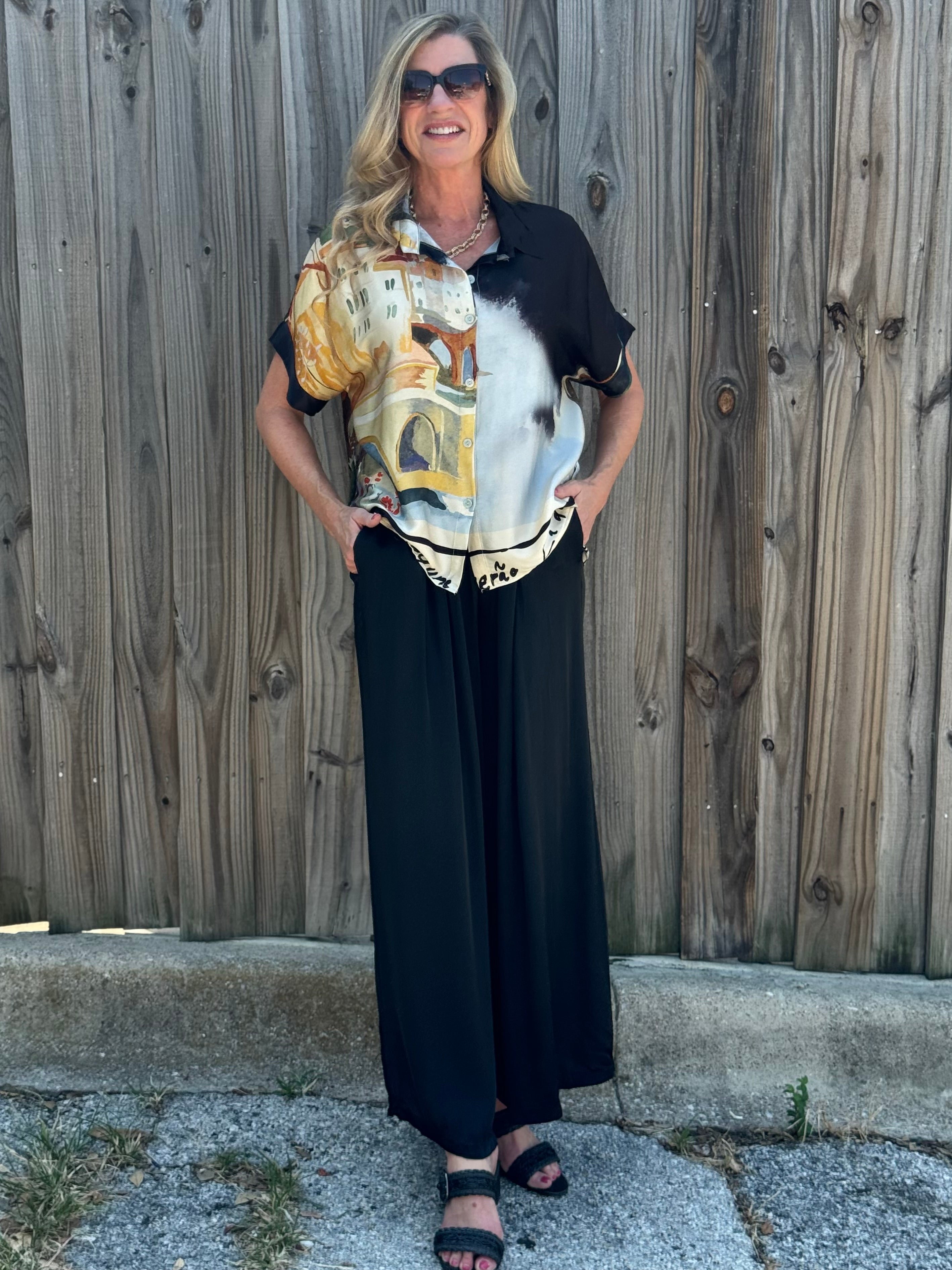 Made in Italy Satin Wide Leg Pants in Black at ooh la la! in Grapevine TX 76051