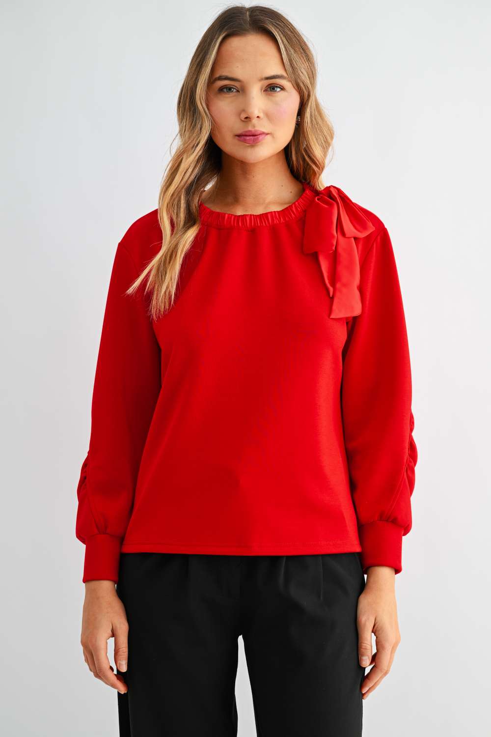 Joh Karl Knit Bow-Tie Shoulder Top in Red at ooh la la! in Grapevine TX 76051