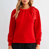 Joh Karl Knit Bow-Tie Shoulder Top in Red at ooh la la! in Grapevine TX 76051