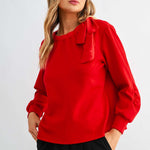Joh Karl Knit Bow-Tie Shoulder Top in Red at ooh la la! in Grapevine TX 76051