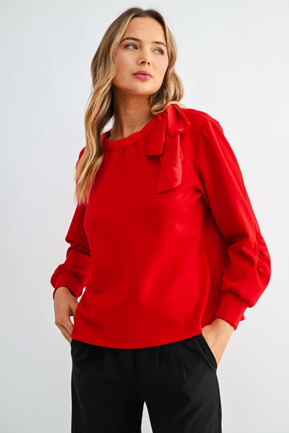 Joh Karl Knit Bow-Tie Shoulder Top in Red at ooh la la! in Grapevine TX 76051
