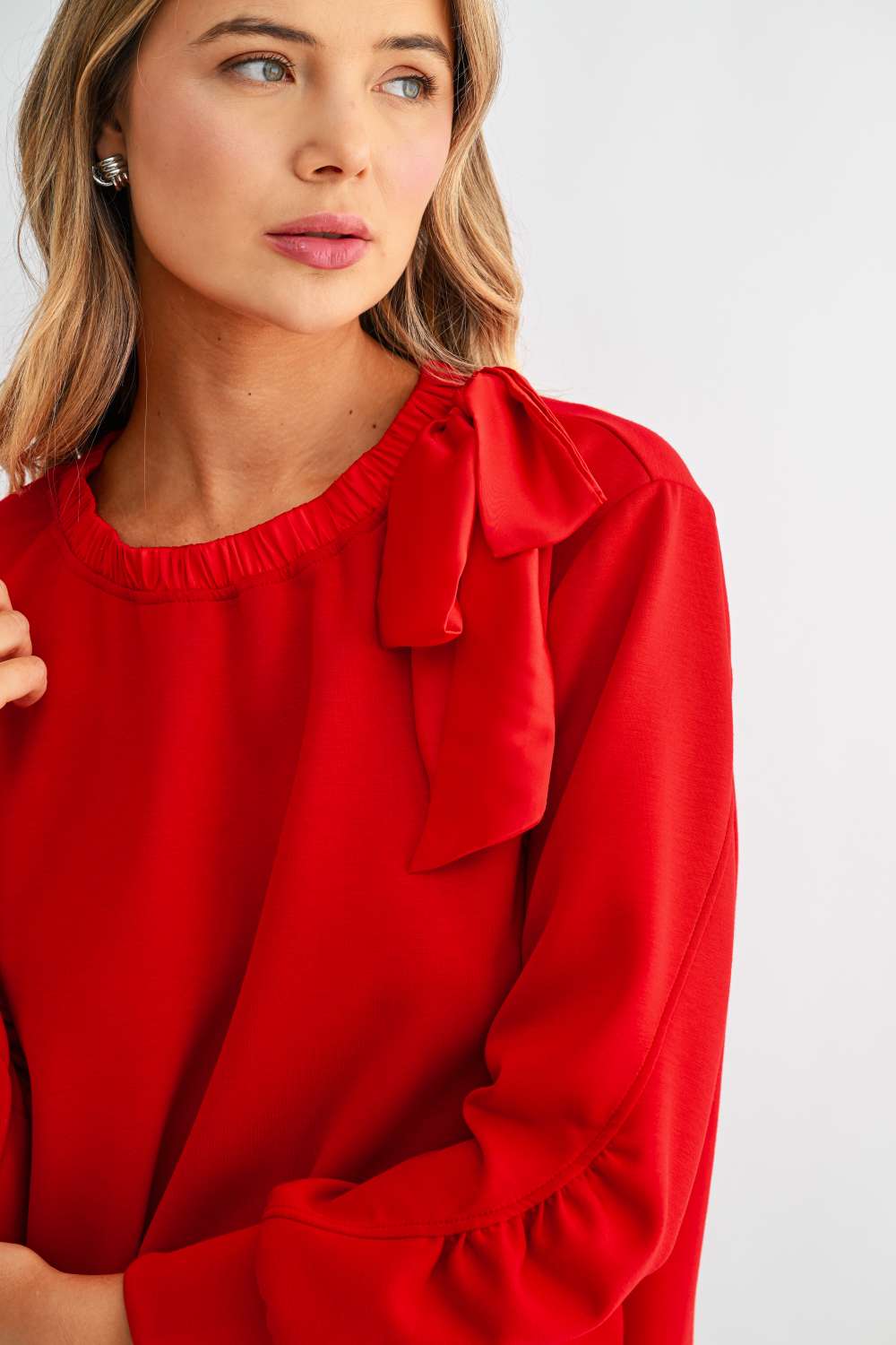 Joh Karl Knit Bow-Tie Shoulder Top in Red at ooh la la! in Grapevine TX 76051