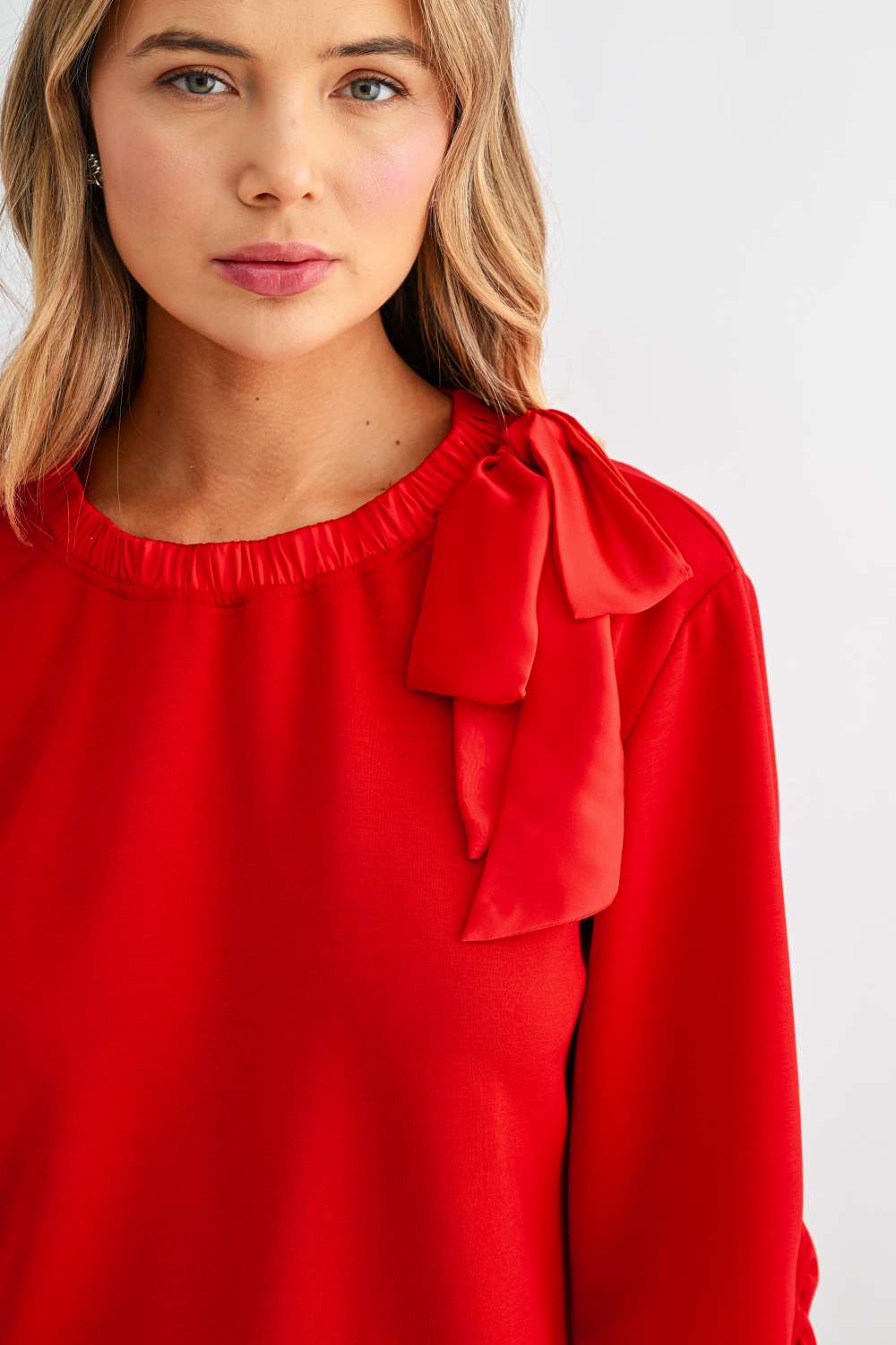 Joh Karl Knit Bow-Tie Shoulder Top in Red at ooh la la! in Grapevine TX 76051