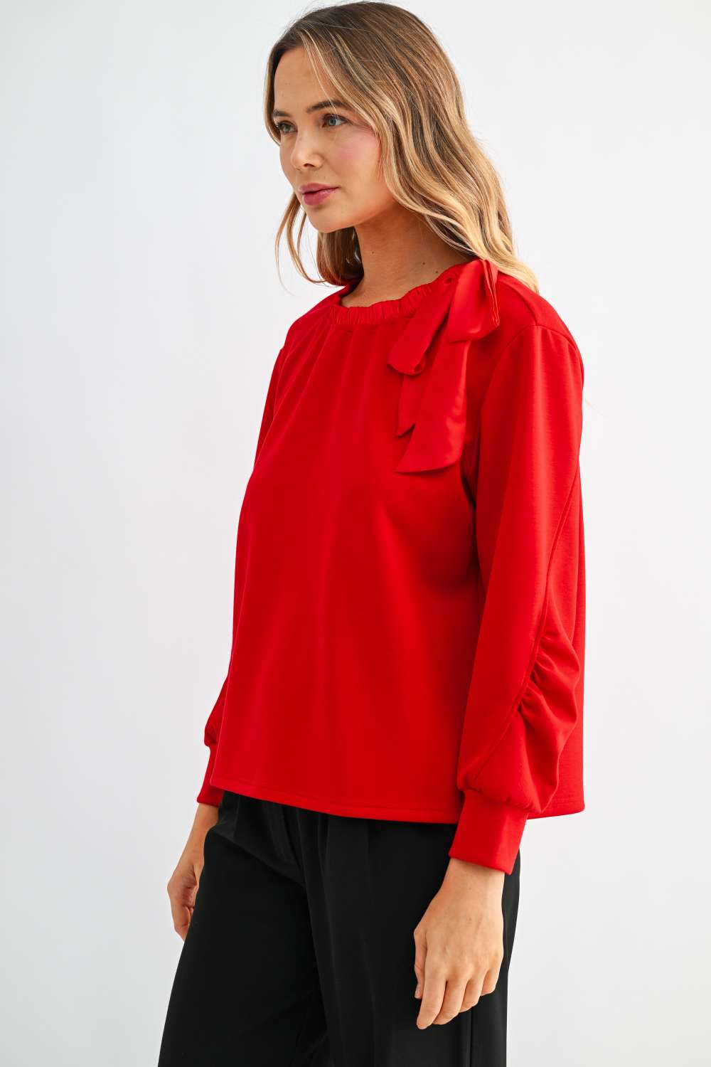 Joh Karl Knit Bow-Tie Shoulder Top in Red at ooh la la! in Grapevine TX 76051