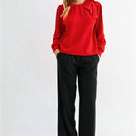 Joh Karl Knit Bow-Tie Shoulder Top in Red at ooh la la! in Grapevine TX 76051