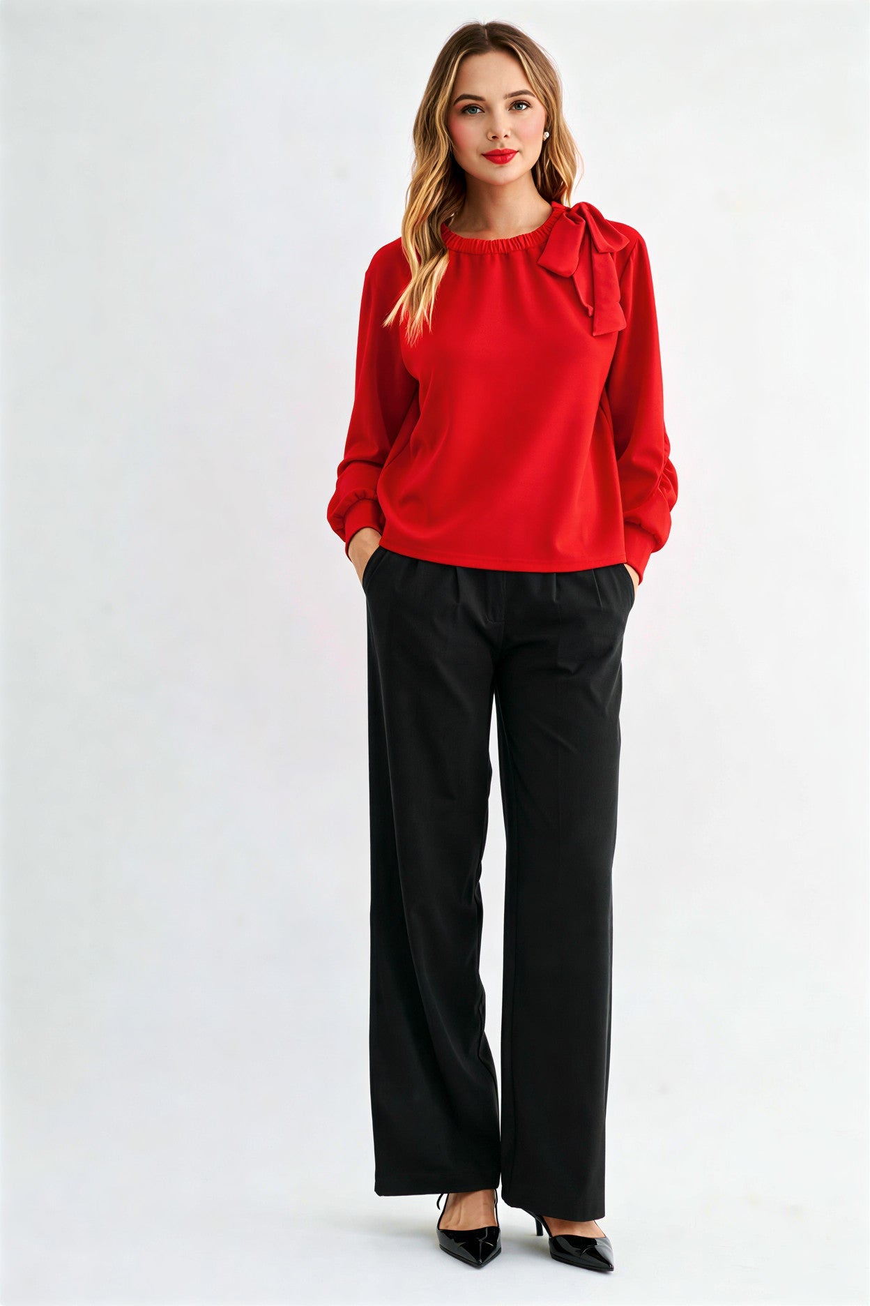Joh Karl Knit Bow-Tie Shoulder Top in Red at ooh la la! in Grapevine TX 76051