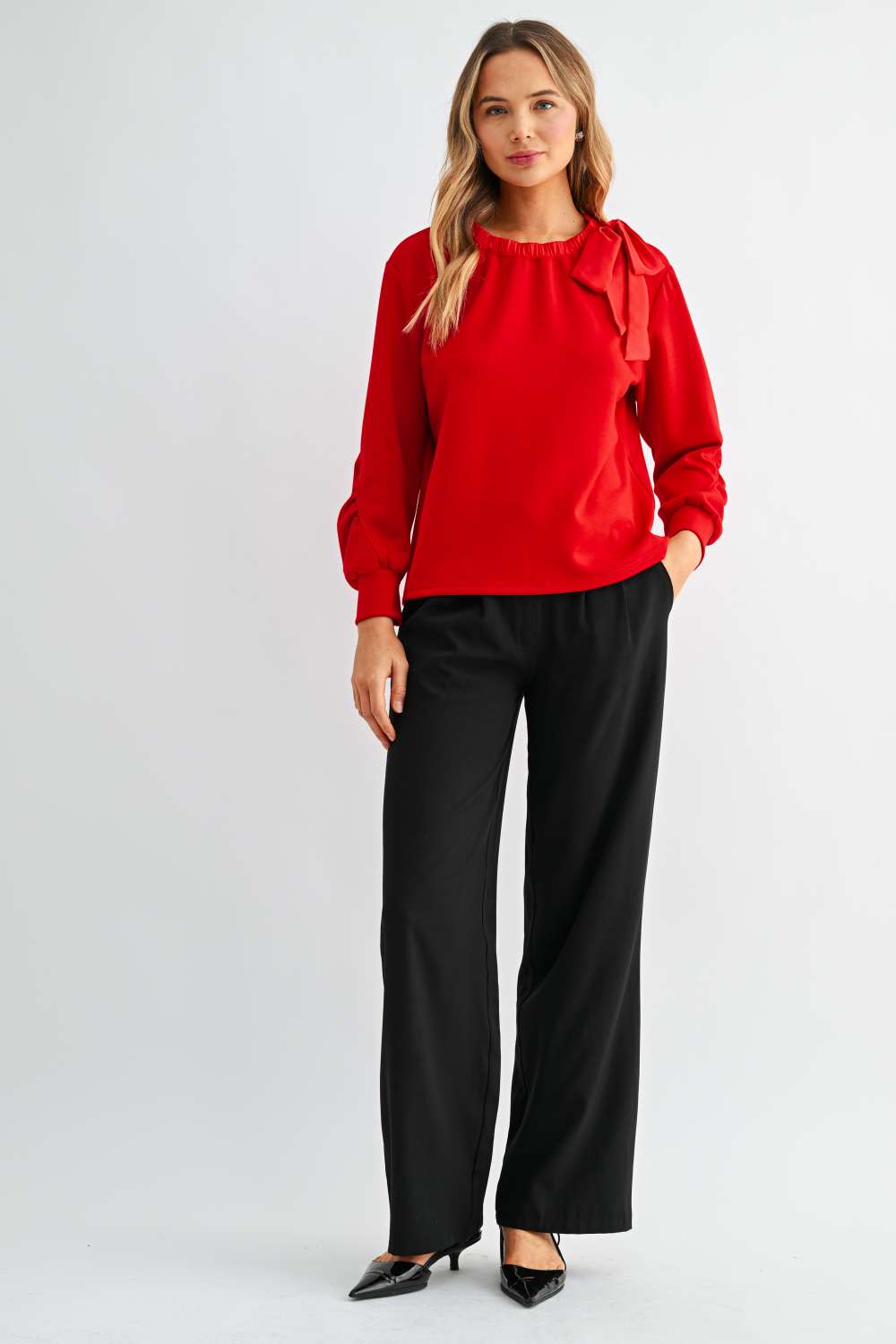 Joh Karl Knit Bow-Tie Shoulder Top in Red at ooh la la! in Grapevine TX 76051