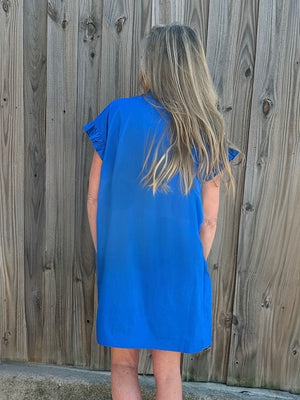 Molly Bracken Ruffle Sleeve Shirt Dress in blue at ooh la la! in Grapevine TX 76051