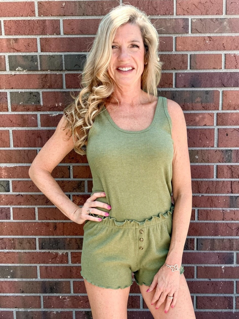PJ Salvage Rib Knit Lounge Tank Top and Lounge Shorts in Heather Dark Olive at ooh la la! in Grapevine TX 76051
