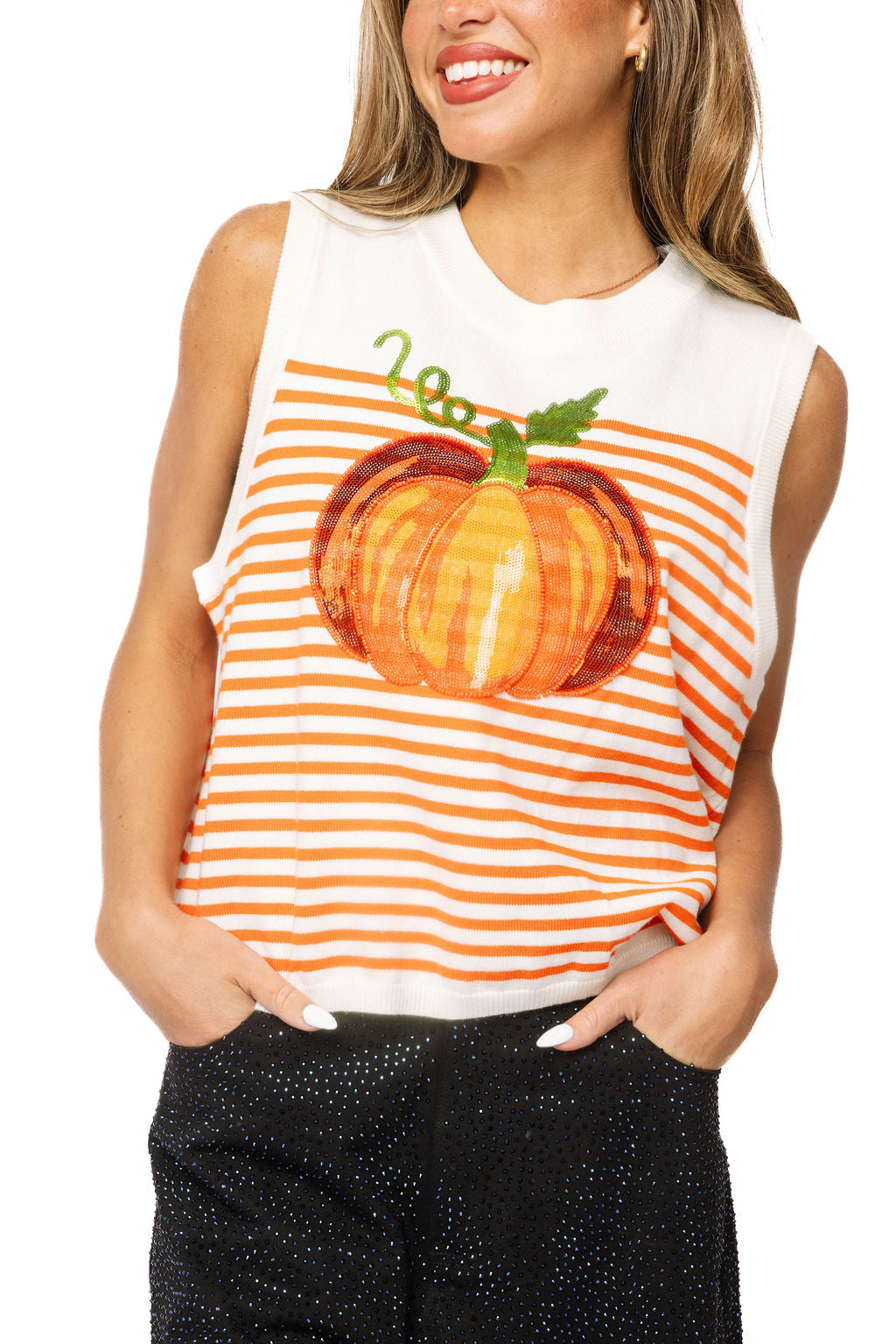 Queen of Sparkles Ivory & Orange Striped Pumpkin Knit Tank at ooh la la! in Grapevine TX 76051
