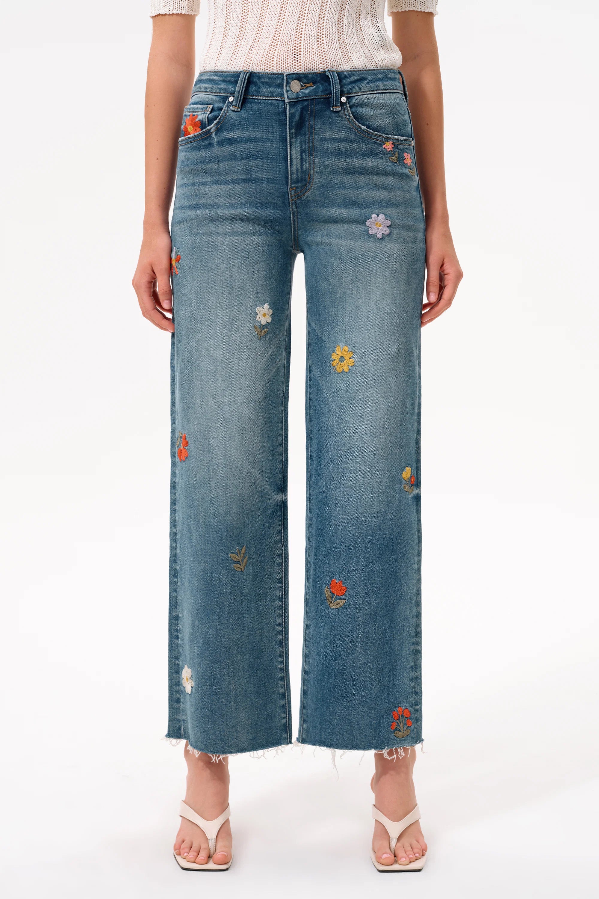 Charming Flowers Embroidered Mid Rise Wide Leg Jeans at ooh la la! in Grapevine TX 76051