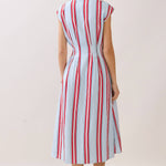 Americana dress, striped midi dress, shirt dress with pockets, A-line summer dress, button down dress, red white and blue dress, slimming vertical stripes, patriotic fashion. at ooh la la! in Grapevine TX 76051