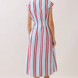 Americana dress, striped midi dress, shirt dress with pockets, A-line summer dress, button down dress, red white and blue dress, slimming vertical stripes, patriotic fashion. at ooh la la! in Grapevine TX 76051