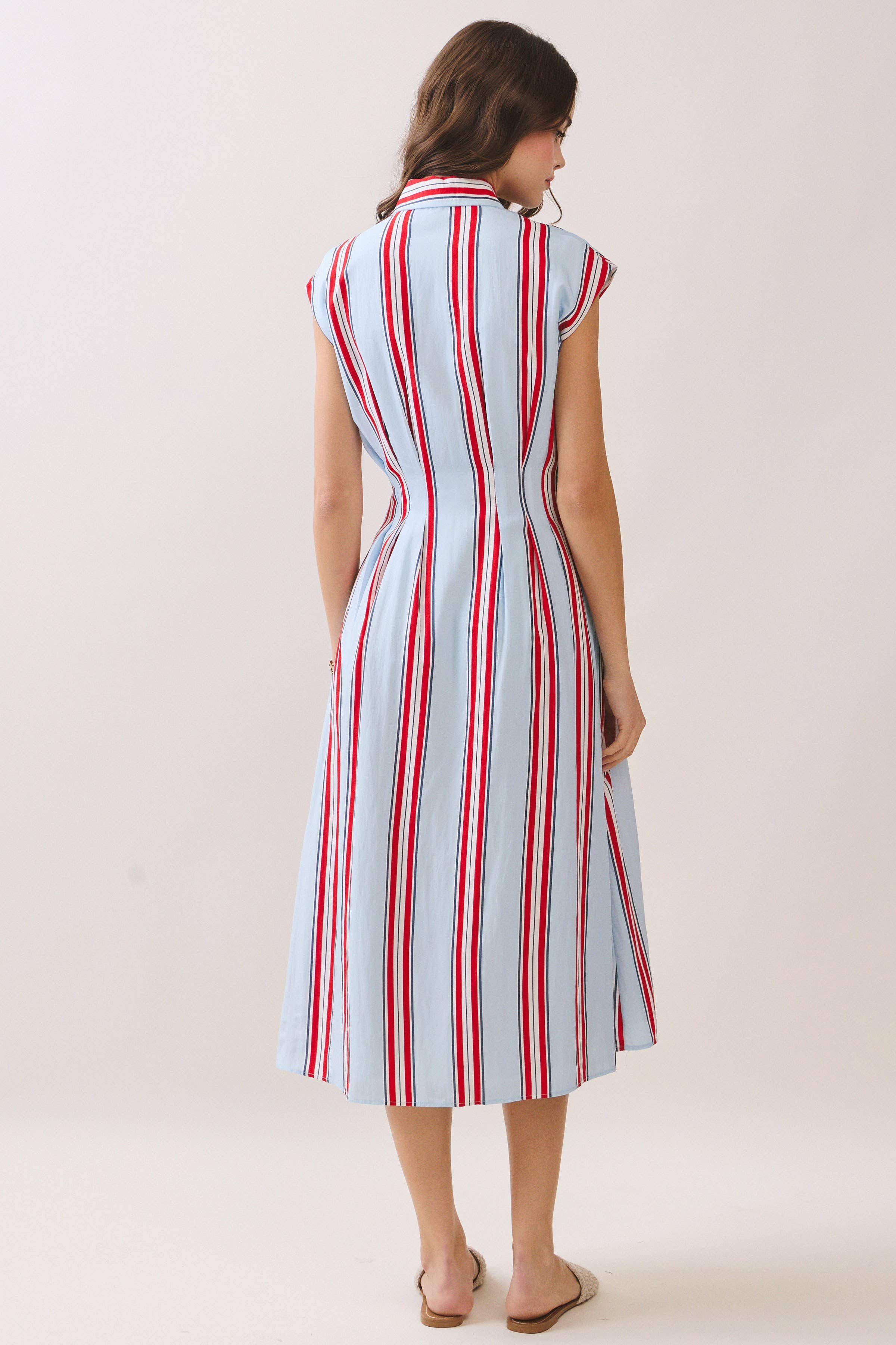 Americana dress, striped midi dress, shirt dress with pockets, A-line summer dress, button down dress, red white and blue dress, slimming vertical stripes, patriotic fashion. at ooh la la! in Grapevine TX 76051