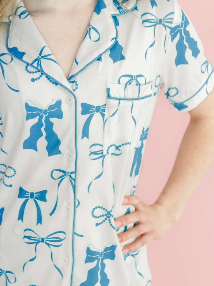 Sweet Dreams Blue Bow Pajama Shorts Set at ooh la la!  in Grapevine TX 76051